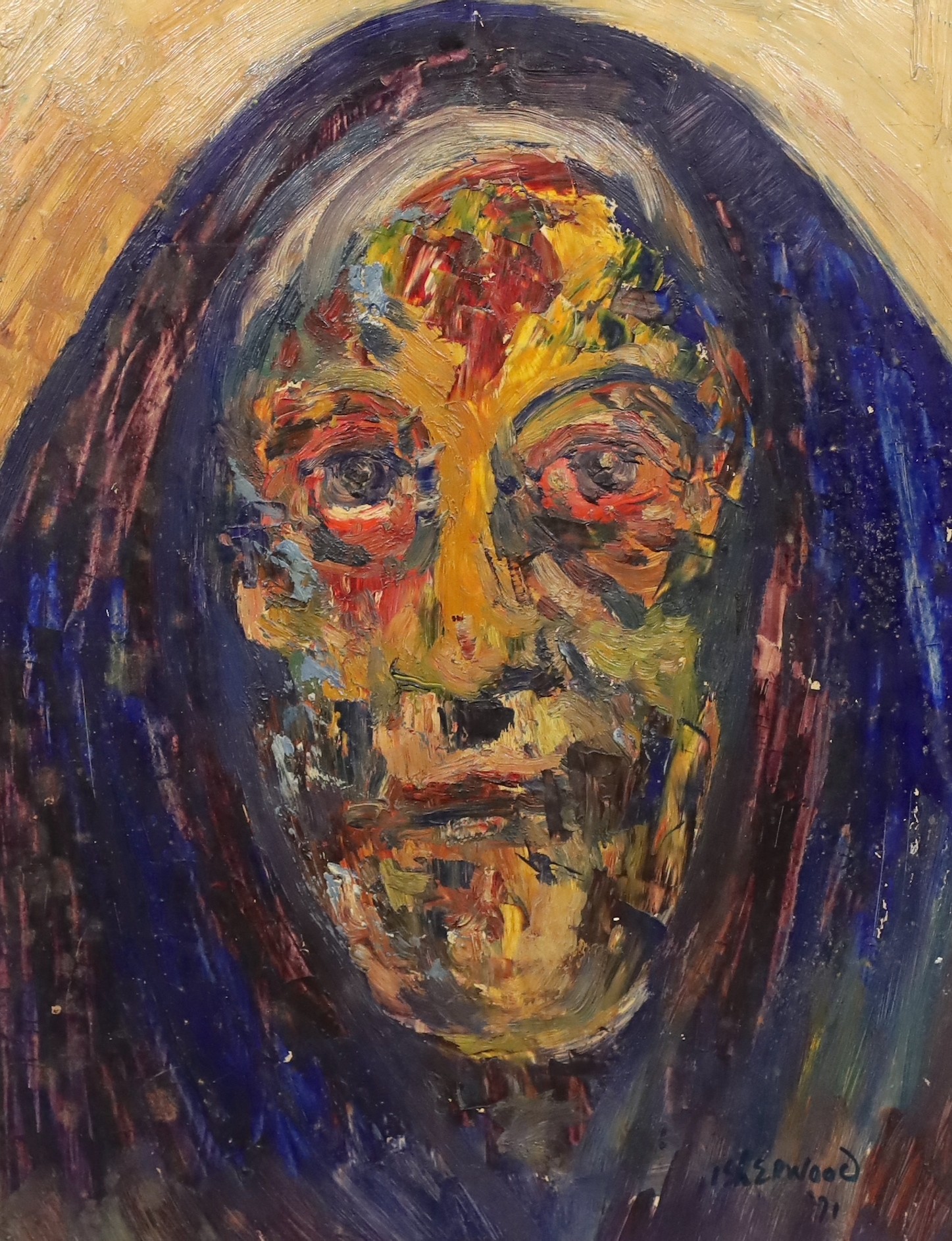 James Lawrence Isherwood (British, 1917- 1989), 'Old Wigan Woman', oil on board, 44 x 34cm